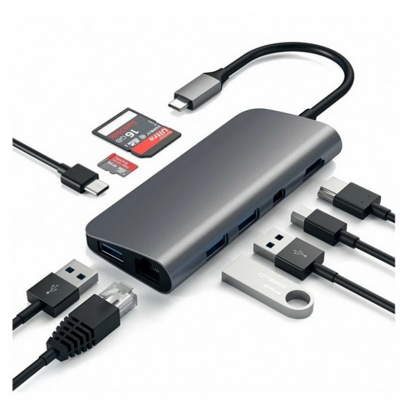 USB-концентратор Satechi Aluminum Type-C Multimedia Adapter (ST-TCMM8PA), разъемов: 4, space gray в Перми